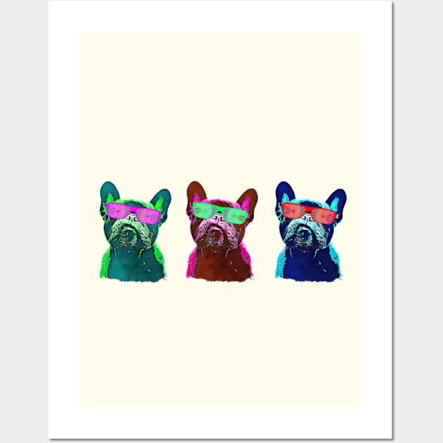 French bulldogs with colorfull psychelic glasses,  80s style neon Wall Art by Collagedream